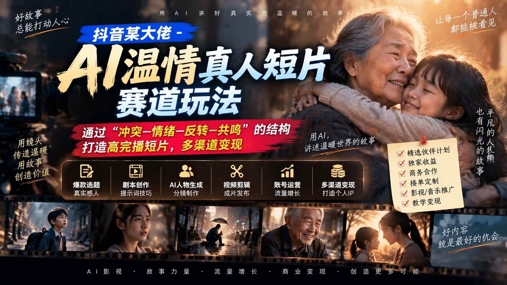 (20538期)抖音某大佬-AI温情真人短片赛道玩法:通过“冲突—情绪—反转—共鸣”的结构打造高完播短片,多渠道变现-幽忧帮