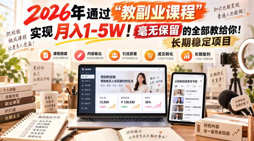 (20468期)2026年通过“教副业课程”实现月入1-5W!毫无保留的全部教给你!长期稳定项目-幽忧帮
