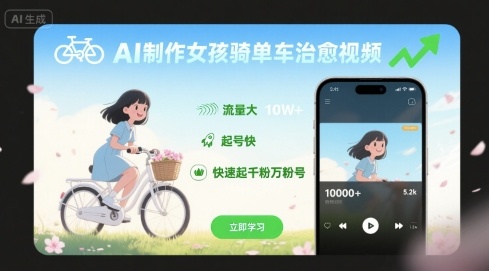 AI制作女孩骑单车治愈视频，流量大，起号快，快速起千粉万粉号-幽忧帮