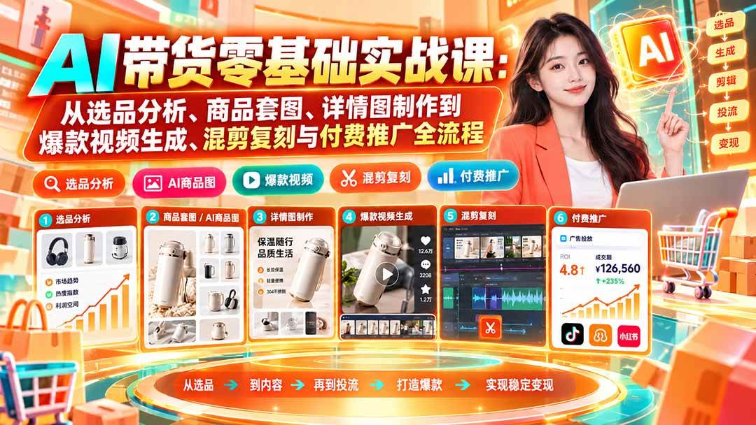 （20856期）AI带货零基础实战课：从选品分析、商品套图、详情图制作到爆款视频生成、混剪复刻与付费推广全流程-幽忧帮