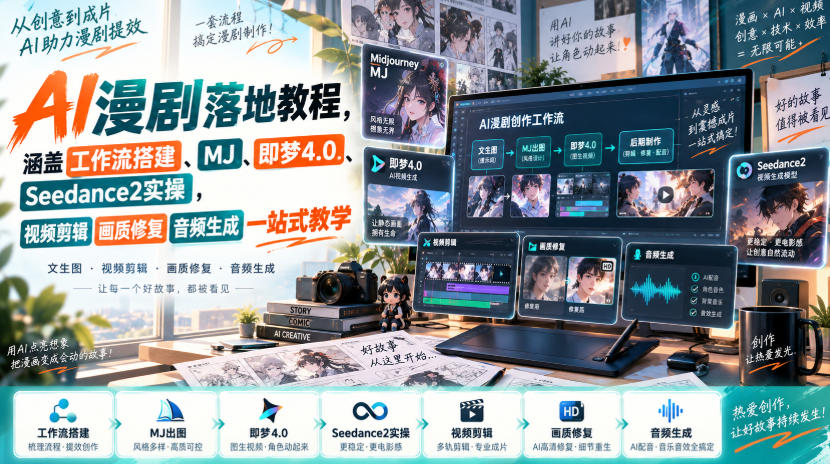 AI漫剧落地教程,涵盖工作流搭建、MJ、即梦4.0、Seedance2实操,视频剪辑画质修复音频生成一站式教学-幽忧帮