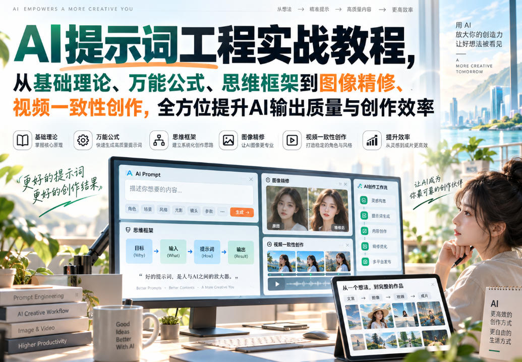 AI提示词工程实战教程，从基础理论、万能公式、思维框架到图像精修、视频一致性创作，全方位提升AI输出质量与创作效率-幽忧帮
