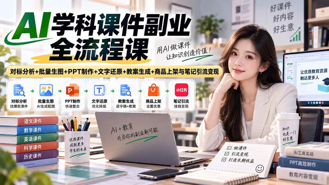 (20469期)AI学科课件副业全流程课|对标分析+批量生图+PPT制作+文字还原+教案生成+商品上架与笔记引流变现-幽忧帮