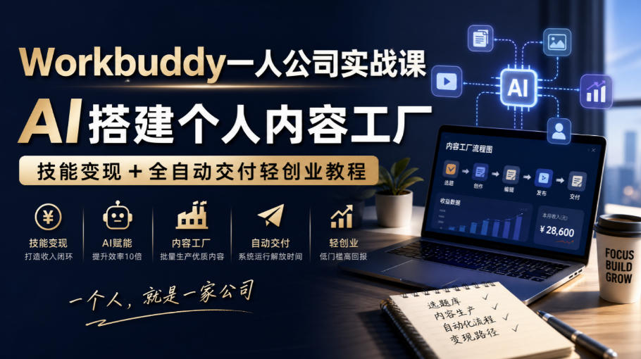 Workbuddy一人公司实战课,AI搭建个人内容工厂,技能变现+全自动交付轻创业教程-幽忧帮