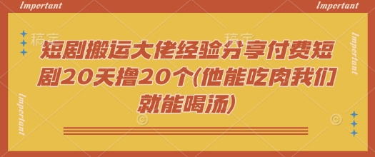 短剧搬运大佬经验分享付费短剧20天撸20个(他能吃肉我们就能喝汤)-忧忧资源网