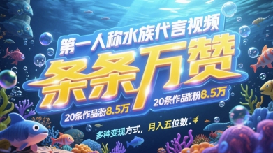 第一人称水族代言视频，条条万赞，20条作品涨粉7.8W，多种变现方式月入五位数-忧忧资源网
